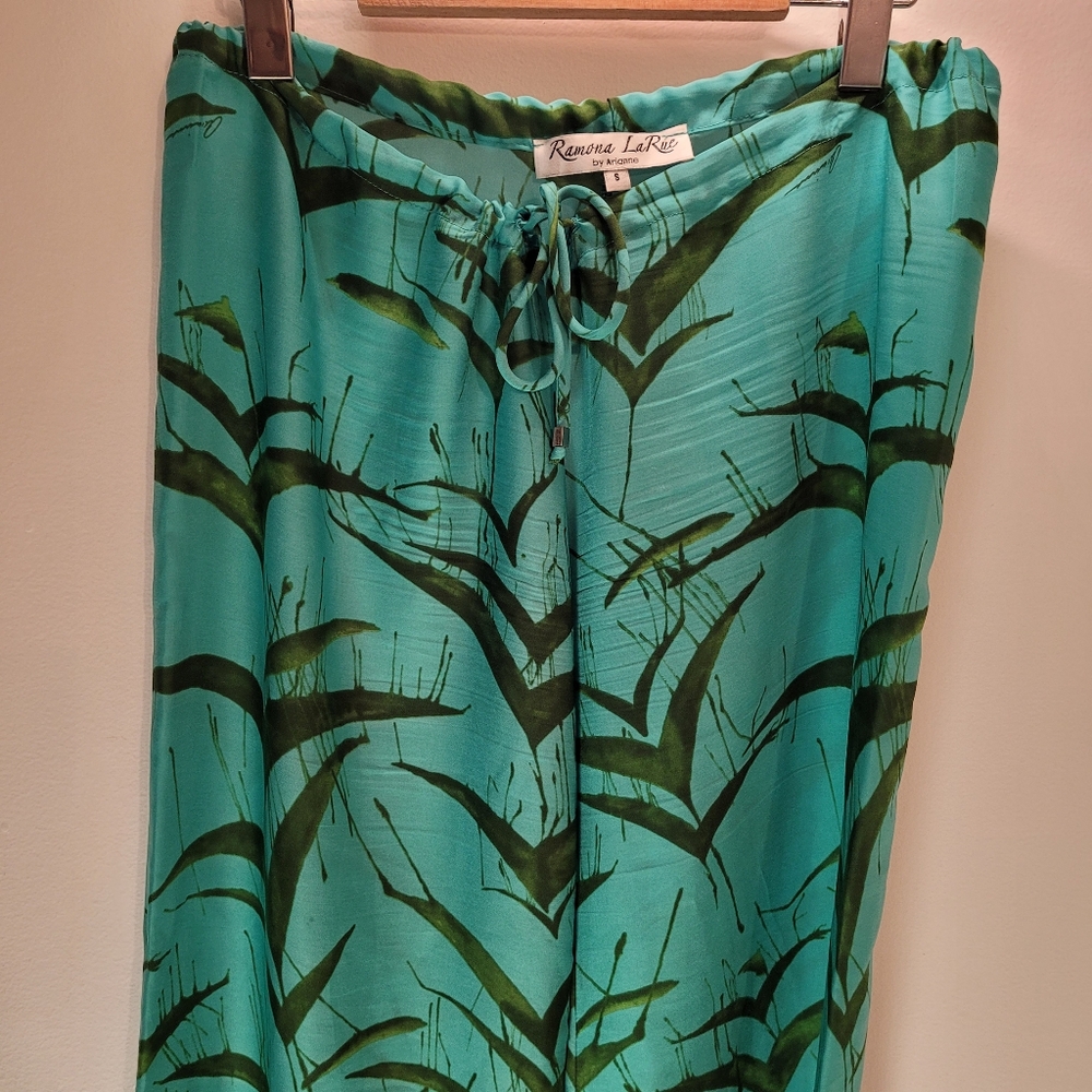 Ramona La Rue By Arianne 100% Crepe Teal Green Leaf Print Flowy Pants - S - Picture 4 of 8